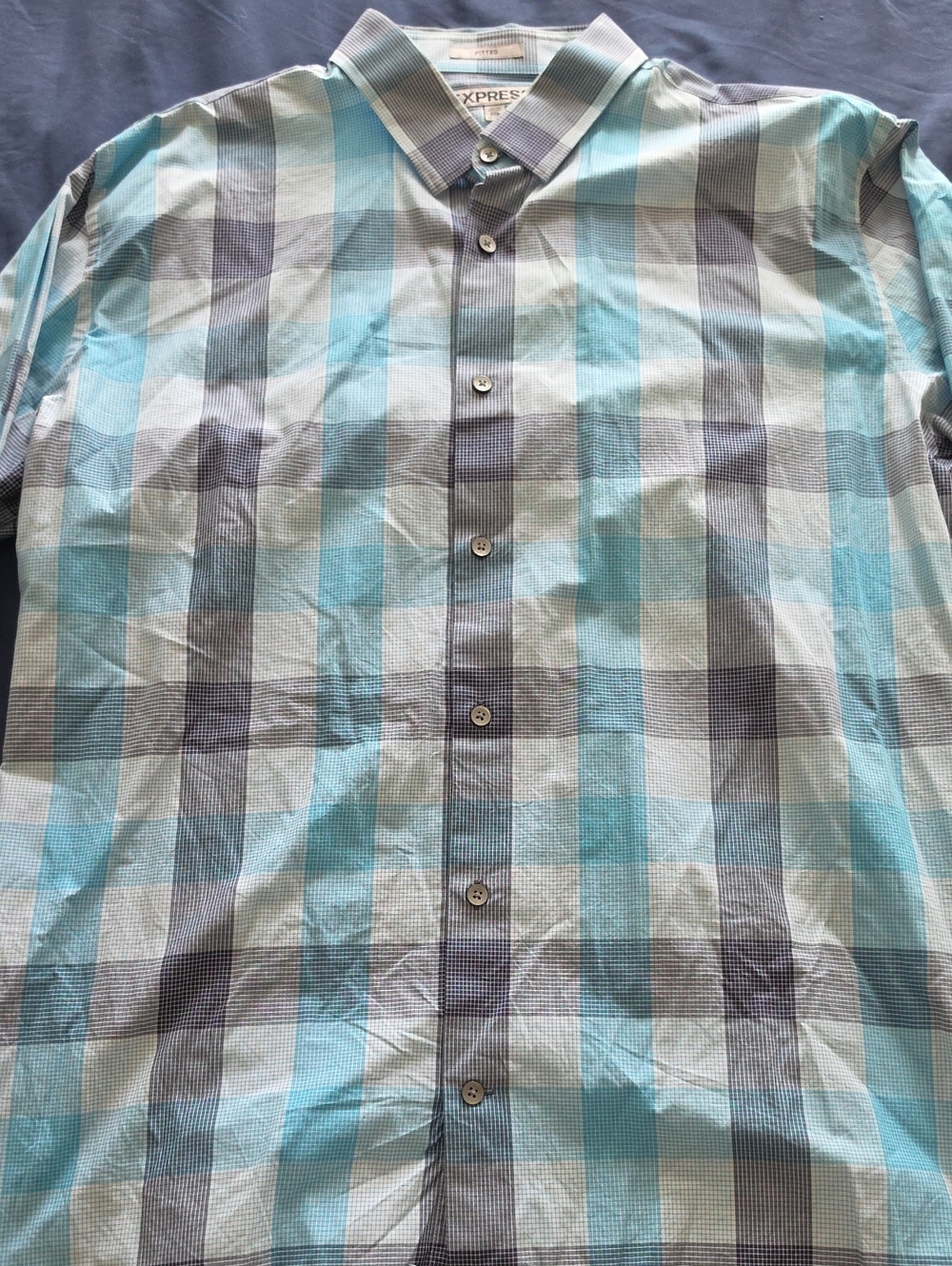 Express Men's Long Sleeve Aqua and Gray Plaid Button-Down Shirt
